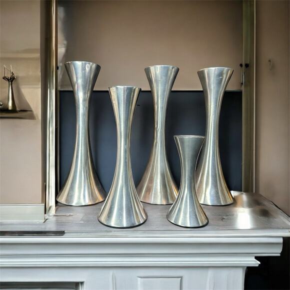 5 New Stainless Steal Hourglass Candle Sticks-MCM- Scandinavian Design- 8”6”4” - Picture 10 of 11